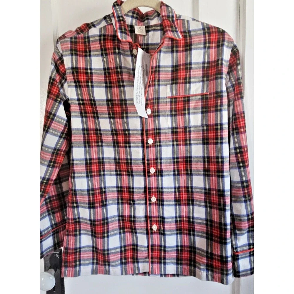 NWT J.CREW red tartan plaid flannel long sleeve‎ pajamas top trimmed  girl sz 14